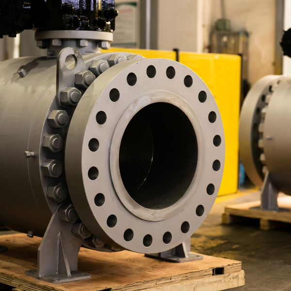 Close-up of corrosion resistant ball valve flange and bolt connection detail.
