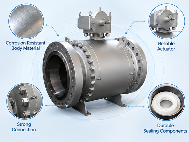 Corrosion resistant ball valve with electric actuator, flanged body, bolted joints, and sealing components shown in a technical product layout.