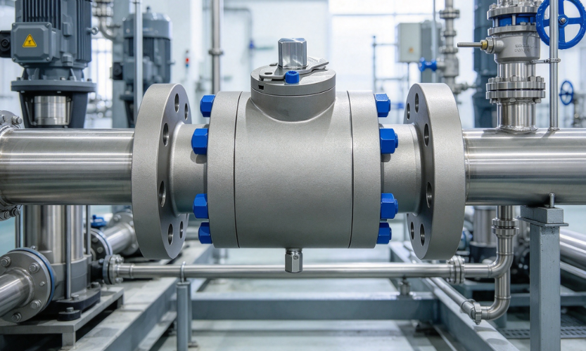 Real life size corrosion resistant ball valve with flanged connections and blue bolts on industrial pipeline.