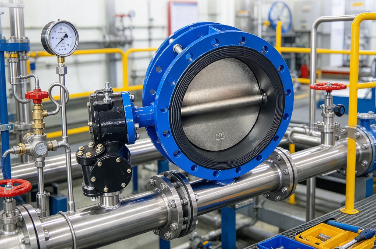 Stainless butterfly valve installed on horizontal test pipeline with pressure gauge drain valve safety railing and inspection tools.