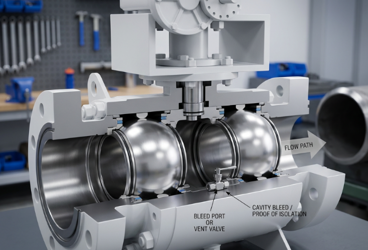 A cutaway of a Double Block Ball Valve shows two sealing balls and a bleed port between them, the kind of Trunnion Type Ball Valve and Pressure Ball Valve design used for pipeline isolation.