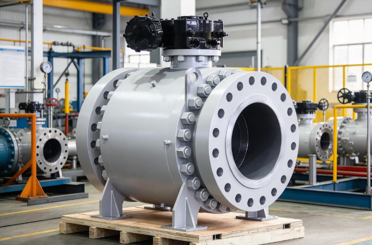 White double block ball valve installed on industrial pipeline, isolation valve for hazardous media control